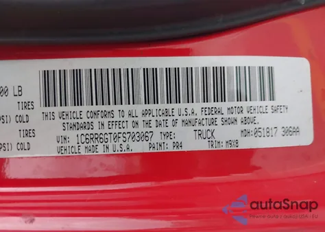 2015 Ram 1500 Big Horn z USA, uszkodzony, nr VIN 1C6RR6GT0FS703067